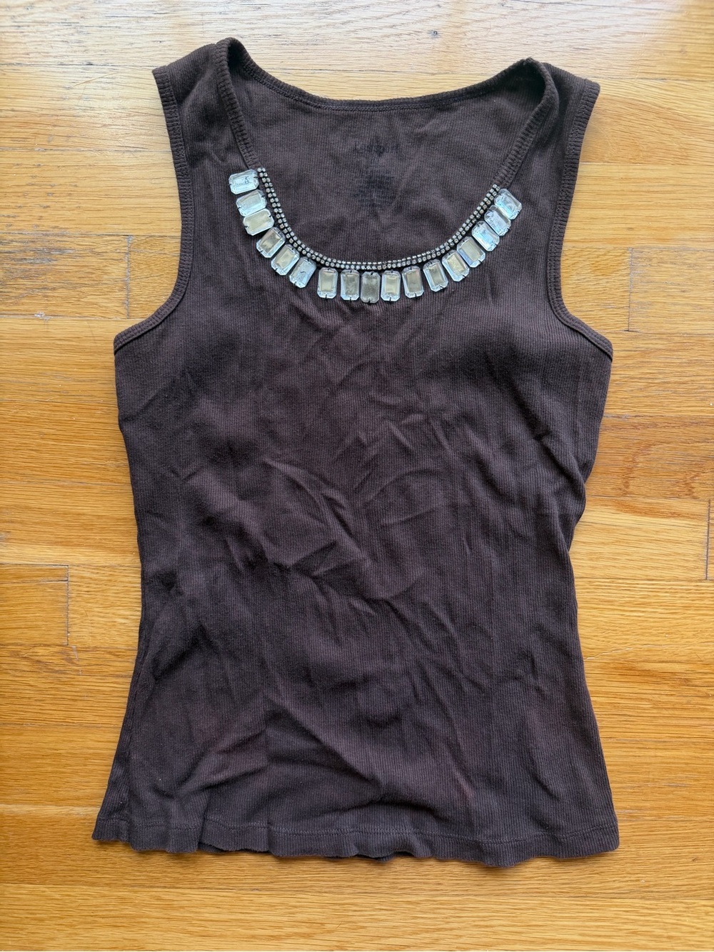 Vintage Y2K Passport Brown Rhinestone Embellished Ribbed Tank Top